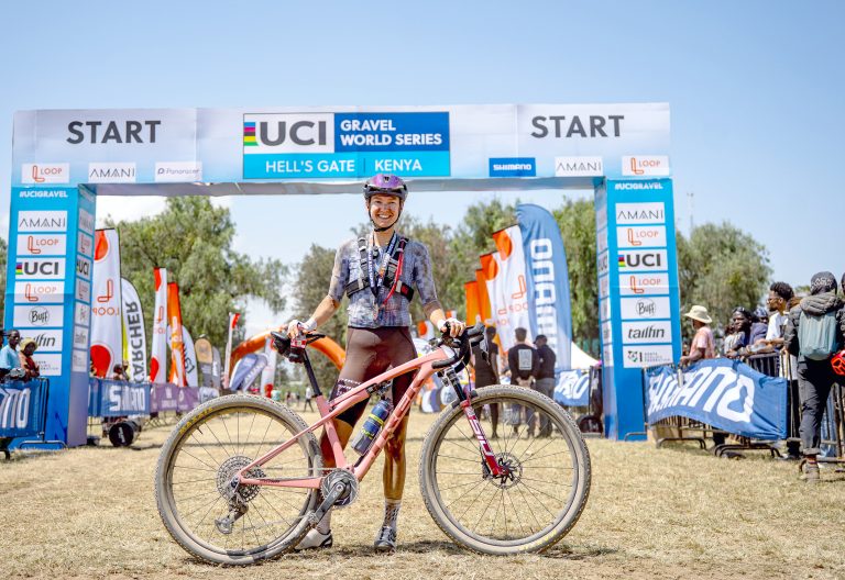Canada’s Haley Smith -winner of the 120km women’s category race at the LOOP Safari Gravel Series in Naivasha. PHOTO/Print
