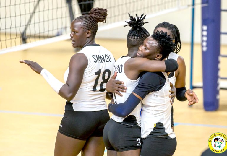 Kenya’s Malkia Strikers react after victory over Nigeria at the 2023 Accra African Games. PHOTO/@KenyaVolley/X