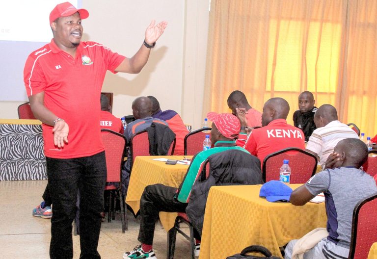FKF Head of Technical department Michael Amenga emphasising on a point to FKF-NSL match officials. PHOTO/Rodgers Ndegwa