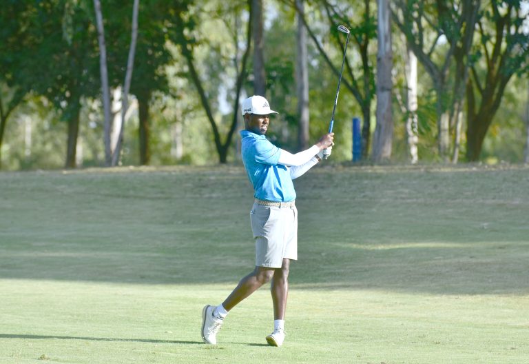 John Lejirma follows through his shot from the 17th fairway on Tuesday, June 10, 2025. PHOTO/Alex Njue