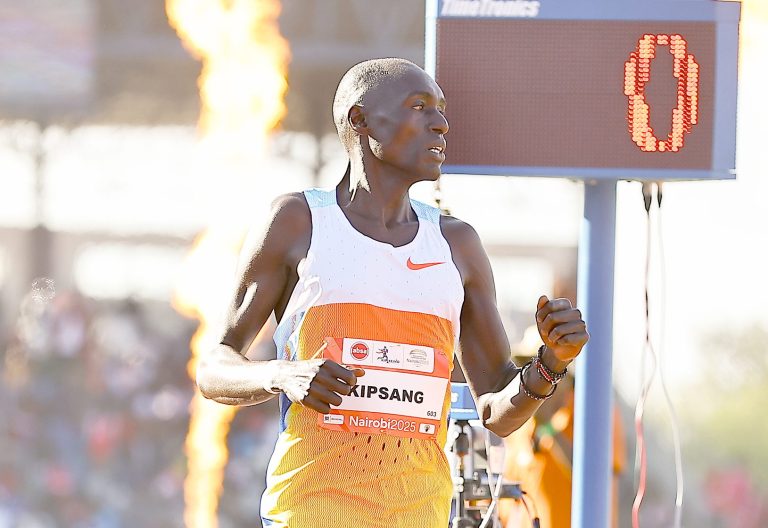 Abel Kipsang reacts as he wins the men 1500m race at the 2025 KipKeino Classic on May 31, 2025. PHOTO/David Ndolo