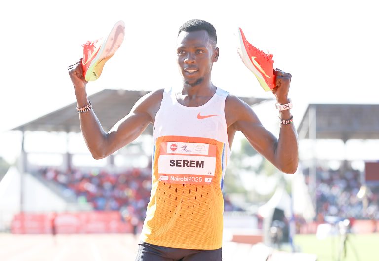 Edmund Serem reacts after winning the men\'s 3000m steeplechase race at the 2025 KipKeino Classic at Ulinzi Complex on May 31, 2025. PHOTO/LOC