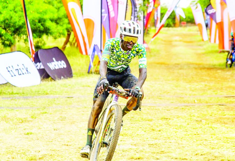 Jordan Schelck crosses the finish line as he claims the top position of the 120km race of the LOOP Safari Gravel Series in Machakos. PHOTO/Sports Picha
