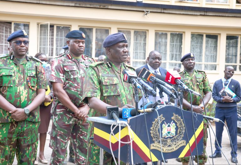 National Police Inspector General Douglas Kanja (centre) with Deputy IGs Eliud Lagat (left) and Gilbert Masengeli (second left) among other senior officers during a press briefing on June 9, 2025, at the Central Police Station in Nairobi on the death of influencer Albert Ojwang. PHOTO/Bernard Malonza