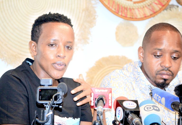 Ugandan activist Agather Atuhaire (left) with his Kenyan counterpart Boniface Mwangi during a press briefing in Nairobi on June 1, 2025, where they shared details of their torture and deportation by Tanzanian authorities. They recounted the experience that began with their arrest while attending court proceedings for Tanzanian Opposition leader Tundu Lissu. PHOTO/Bernard Malonza