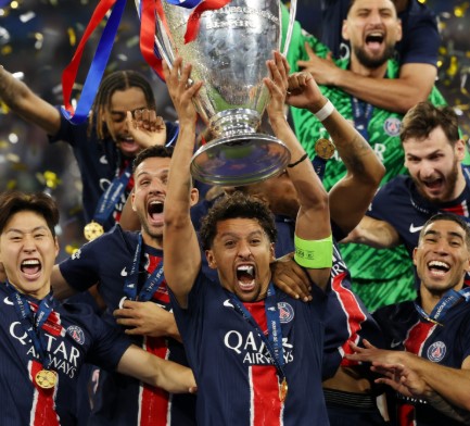 PSG players holding the trophy. PHOTO/@ChampionsLeague/X