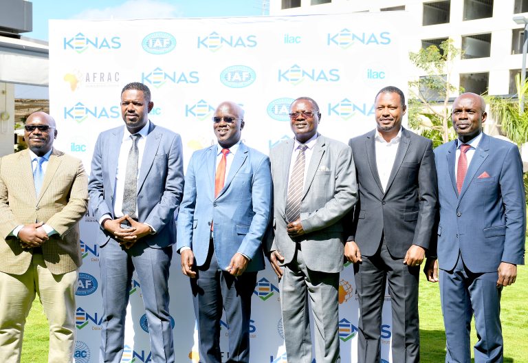 Investment Promotion PS Hassan Abubakar (2nd left) and Walter Ongeti, the CEO Kenya Accreditation Service, KENAS (3rd left) with other stakeholders during the World Accreditation Pre-Confrence in Nairobi. PHOTO/KENAS