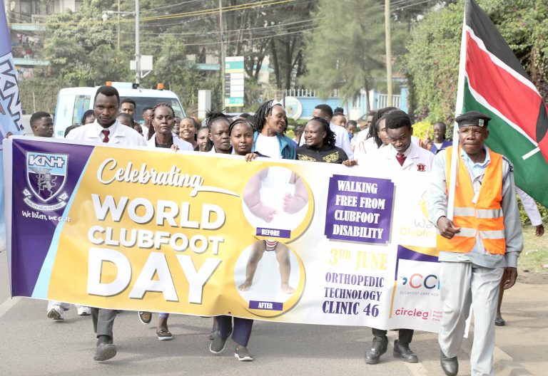 Kenyatta National Hospital doctors, nurses and students in a procession to mark World Clubfoot Day in Nairobi on June 3, 2025. PHOTO/Bernard Malonza
