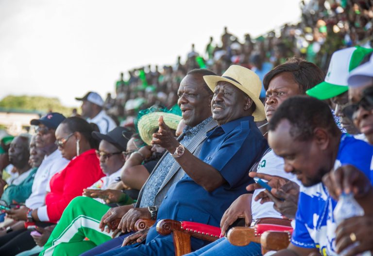 Former Prime Minister Raila Odinga during the historic 97th Mashemeji Derby matchbetween Gor Mahia FC and AFC Leopards SC .PHOTO/@RailaOdinga/X