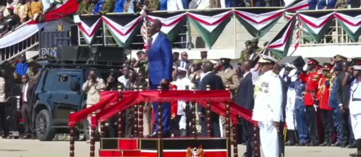 President William Ruto minutes after arriving at the Raila Odinga Stadium. PHOTO/Screengrab by K24 Digital of Facebook livestream by Williamsamoei