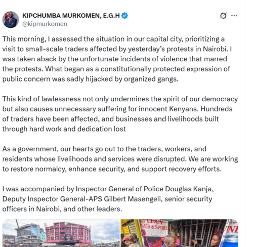 Kipchumba Murkomen's statement on the June 25 demos. PHOTO/A screengrab by People Daily from an X post by @kipmurkomen
