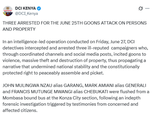 A statement from DCI. PHOTO/ A screengrab by People Daily Digital
