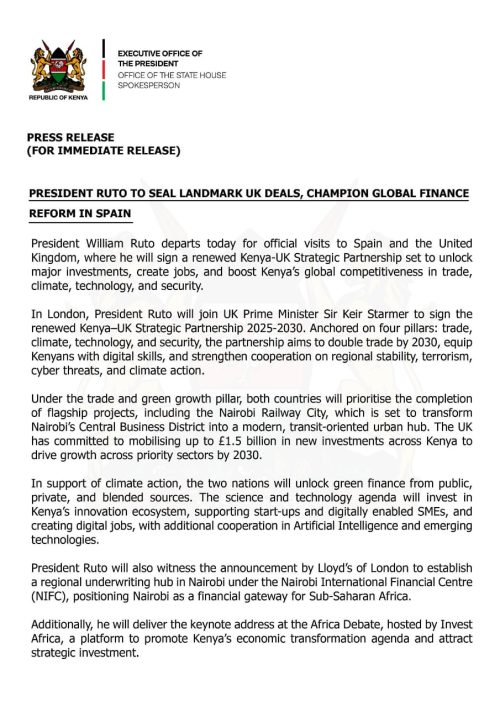 A statement on Ruto's trip to Spain, and UK. PHOTO//@HusseinMohamedg/X