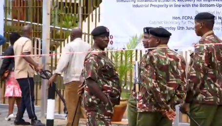 Police officers stand guard at the National Treasury offices in Nairobi. Screengrab by People Daily Digital from @TreasuryKE/X