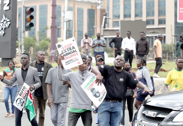 Activists protest near Nairobi Funeral Home on Monday, June 9, 2025, demanding justice for Albert Ojwang, who died in police custody. PHOTO/Philip Kamakya