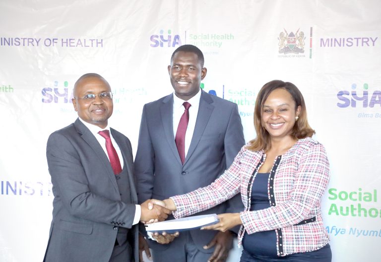 Dr Robert Ingasira,n (left) who has been acting as the Social Health Authority (SHA) Chief Executive Officer CEO hands over to the New CEO Dr. Mercy Mwangangi (right) at SHA headquarters in Nairobi as the Principal Secretary for Medical Services in the Ministry of Health, Dr Ouma Oluga witnesses on June 3, 2025. PHOTO/Bernard Malonza