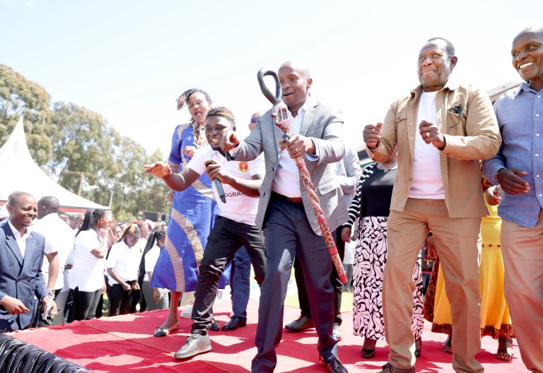 Deputy President Kithure Kindiki (third right) during an event at the at the Kibirichia Grounds in Buuri constituency, Meru County, on Saturday, May 31, 2025. PHOTO/Phoebe Okall 
