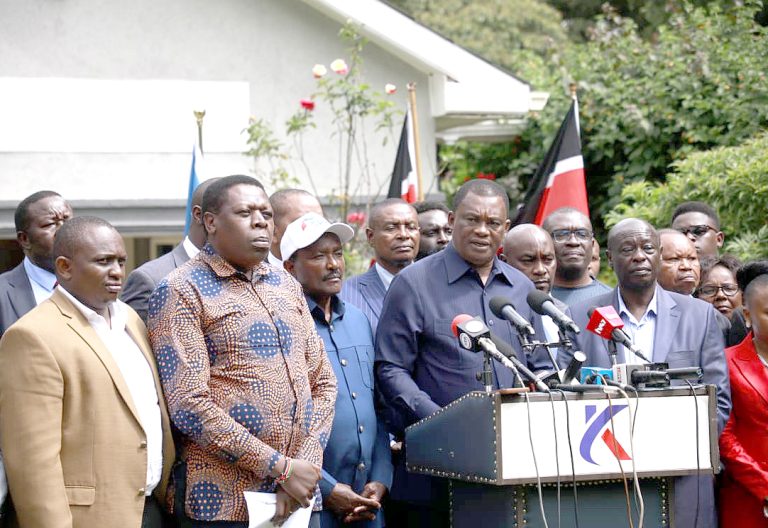 Opposition leaders led by former National Assembly Speaker Justin Muturi address the media on June 11, 2025, over the death of Albert Ojwang. PHOTO/Samuel Kariuki