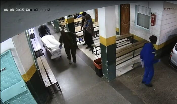 Part of the CCTV footage showing Albert Ojwang being wheeled out of Mbagathi Hospital at 2:11 am. PHOTO/Screengrab by PD Digital/https://www.youtube.com/@kenyacitizentv