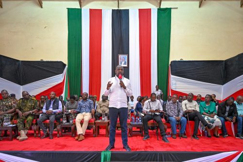 Interior Cabinet Secretary Kipchumba Murkomen addresses residents during the Jukwaa la Usalama County tour in Samburu County on July 18, 2025. PHOTO/https://www.facebook.com/OnesimusKipchumbaMurkomen