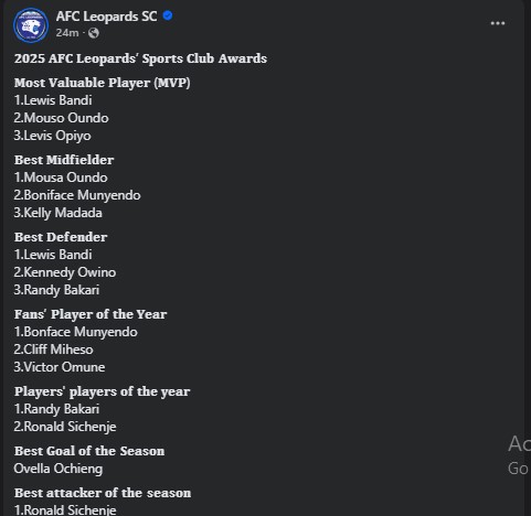 Part of AFC Leopards statement confirming the gala award winners. PHOTO/screengrab by PD Digital/https://www.facebook.com/afcleopardssc