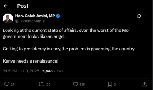 A post shared by Caleb Amisi on his X account on Wednesday, July 9, 2025. PHOTO/Screengrab by PD Digital from @Honcalebamisi