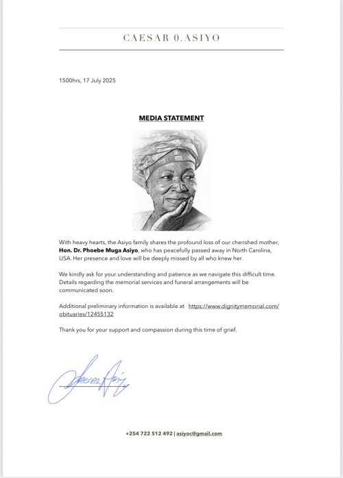      A statement released by the family of Phoebe Asiyo. PHOTO/@TheODMparty/X
