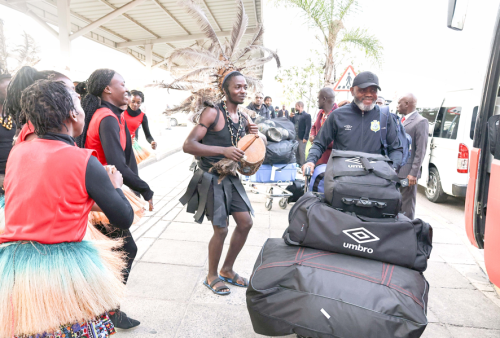 DRC head coach Otis N’Goma leads team after touching down at Jomo Kenyatta International Airport (JKIA) yesterday, July 31, 2025, ahead of their fixture against home team Harambee Stars on Sunday, August 3, 2025 at Ksarani Stadium. PHOTO/DKD MEDIA
