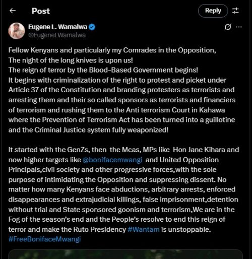 Part of the statement shared by Eugene Wamalwa on Saturday, July 19, 2025. PHOTO/screengrab by PD Digital/@EugeneLWamalwa/X