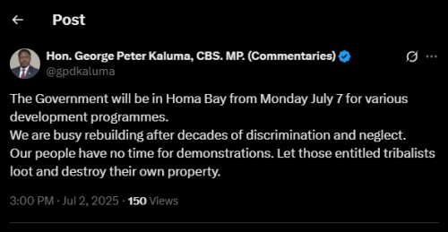 A post shared by Peter Kaluma on Wednesday, July 2, 2025, on his X account. PHOTO/Screengrab by PD Digital from @gpdkaluma