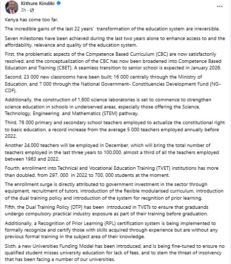 Part of Kithure Kindiki's statement on education reforms. PHOTO/https://www.facebook.com/KithureKindiki