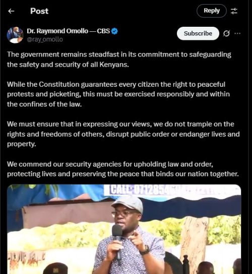 Part of the statement shared by PS Raymond Omollo on Saturday July 12, 2025. PHOTO/screengrab by PD Digital/@ray_omollo/X