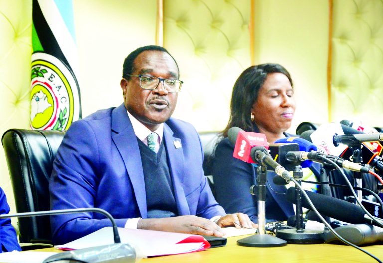 Education CS Julius Ogamba with Higher Education PS Beatrice Inyangala, when he announced the 2024 KUCCPS placement results in Nairobi. PHOTO/Philip Kamakya