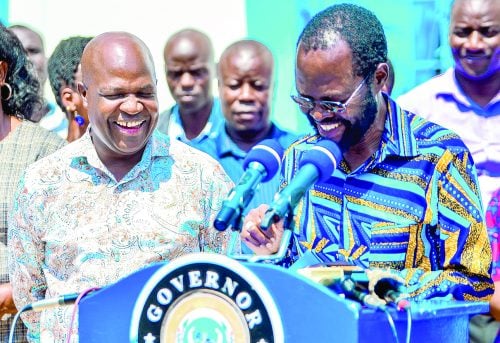 Kisumu Governor Prof Anyang Nyong’o (right) with his Deputy Mathew Owili when the County Government flagged off assorted food items worth Sh25 million to 653 public ECDE centres across the county on June 17, 2025. PHOTO/Viola Kosome