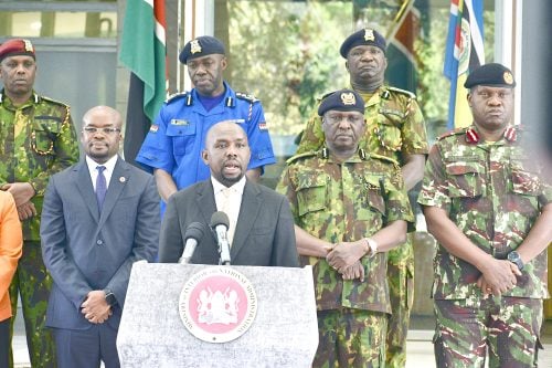 Interior CS Kipchumba Murkomen (centre), internal Security PS Raymond Omollo (second left), IG Police Douglas Kanja (third right), the Deputy Inspector General of the Administration Police Service, Gilbert Masengeli; among other senior Police officers during a media briefing at Harambee House on July 15, 2025. PHOTO/Philip Kamakya