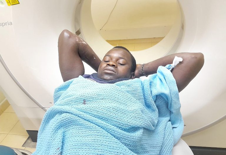Victor Keino goes through a CT scan at the Baringo County Referral Hospital after being shot by KFS guards this morning. PHOTO/Dorothy Jebet