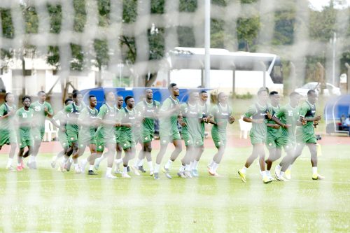 Harambee Stars players during an intense training session at the Moi International Sports Complex  (MISC), Annex on July 16, 2025, ahead of their 2024 African Nations Championship (CHAN) tournament, which is scheduled to kick off on August 2-30, 2025, in Nairobi. PHOTO/Rodgers Ndegwa