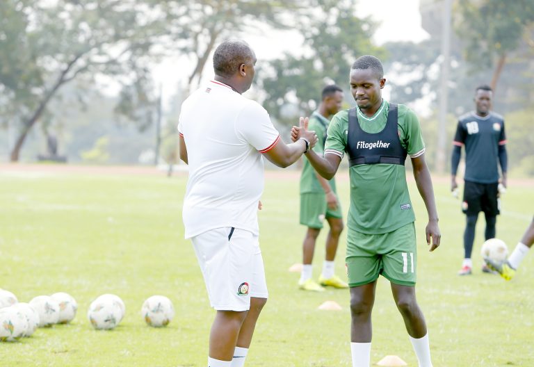 Harambee stars coach Benni MacCarthy with Boniface Muchiri. PHOTO/Rodgers Ndegwa