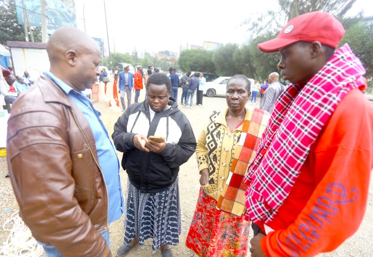 From left: ,Paul Witeva, uncle to the late Elvis Musavi, the 25-year-old who was shot in Nairobi’s Kangemi estate and Faith Indeche, Elvis’mother, together with Epher Kavulani, a nighbour and Levis Imbisi also and uncle, wait outside the Nairobi Funeral Home. PHOTO/Philip Kamakya