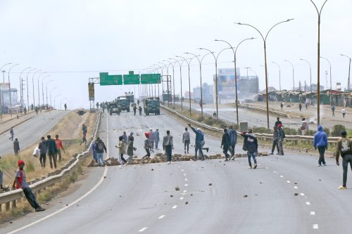 Youths block the busy Thika Highway at Githurai 45 area during the Saba Saba protest on Monday, July 7, 2025. PHOTO/Kenna Claude