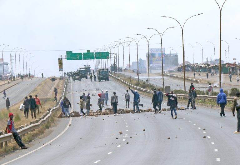 Youths block the busy Thika Highway at Githurai 45 area during the Saba Saba protest on Monday, July 7, 2025. PHOTO/Kenna Claude