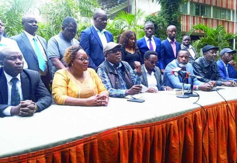 Members of the Political Parties Liaison Committee address the media yesterday. They called for a national dialogue as the rares from civil unrest following days of protests as Kenyans push for good governance and accountability in public service. PHOTO/Samuel Kariuki