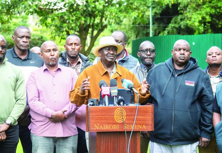 Former Prime Minister Raila Odinga addressing the press in Nairobi on July 7, 2025. PHOTO/Emmanuel Wanson