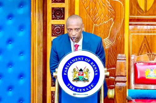 Embattled Isiolo Governor Abdi Hassana Guyo makes his statement at Senate on July 8, 2025, ahead of the impeachment hearings. PHOTO/Kenna Claude