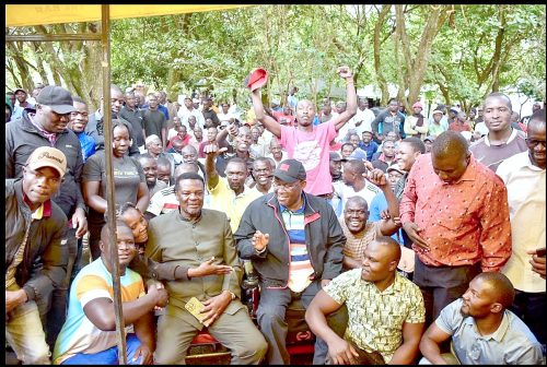 Westlands MP Tim Wanyonyi, who is vying for the Bungoma governor seat and Bumula MP John Waluke meet their supporters last weekend. PHOTO/Tony Wafula