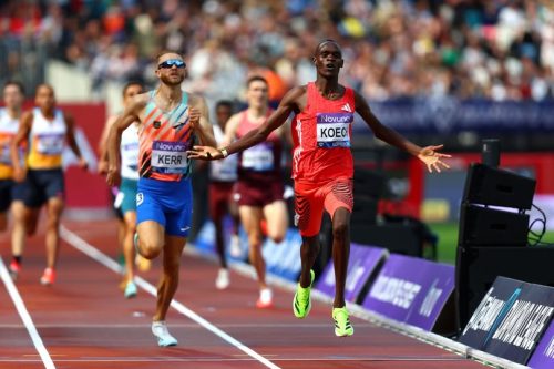 Phanuel Kipkosgei Koech of Kenya celebrates finishing first and setting a new Meet Record in the 1500m. PHOTO/https://www.facebook.com/athleticsweekly/photos