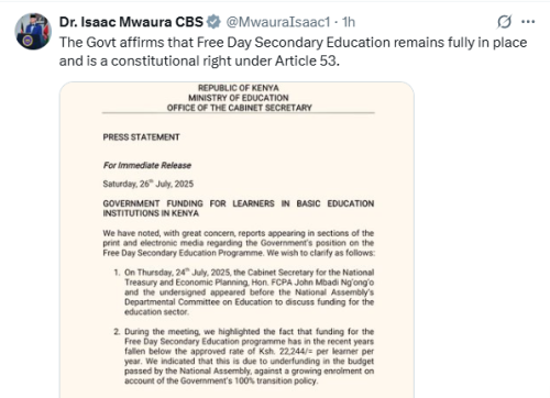 Part of the release posted on X by Isaac Mwaura. PHOTO/ Screengrab by K24 Digital