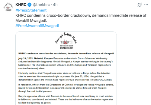 Statement posted on X by KHRC. PHOTO/Screengrab by People Daily Digital