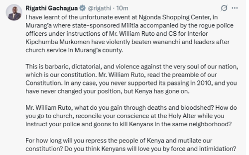 X post by Rigathi Gachagua. PHOTO/ Screengrab by People Daily Digital