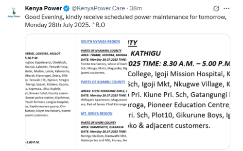 X post by Kenya Power. PHOTO/ Screengrab by K24 Digital